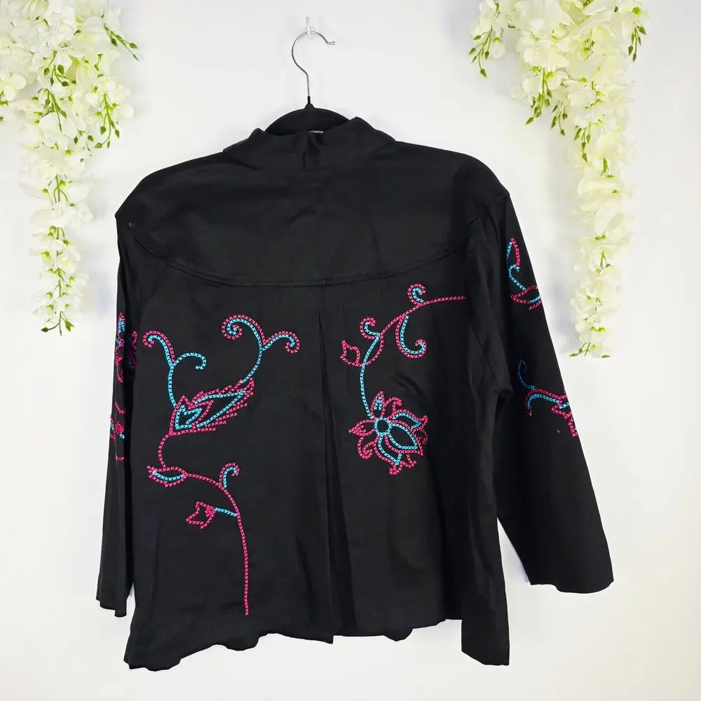 Choices Jacket Large Black Pink Floral Embroidered Rodeo Boho Cowgirl Western
